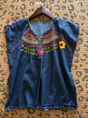 Handmade Embroidered Denim Peasant Top